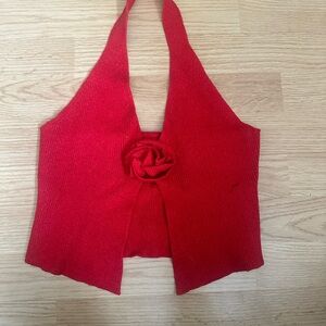 Elegant Red Knit Halter Crop Top